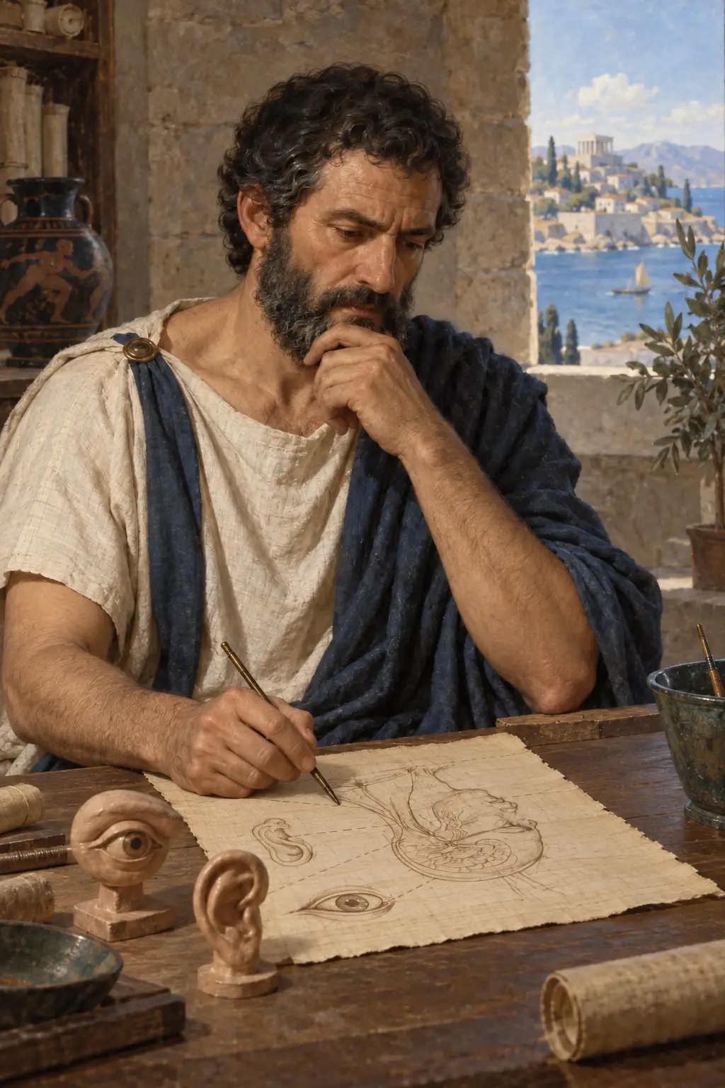 Καλλιτεχνική απεικόνιση του Αλκμαίωνα του Κροτωνιάτη να γράφει, με σχέδια αισθητηρίων οργάνων